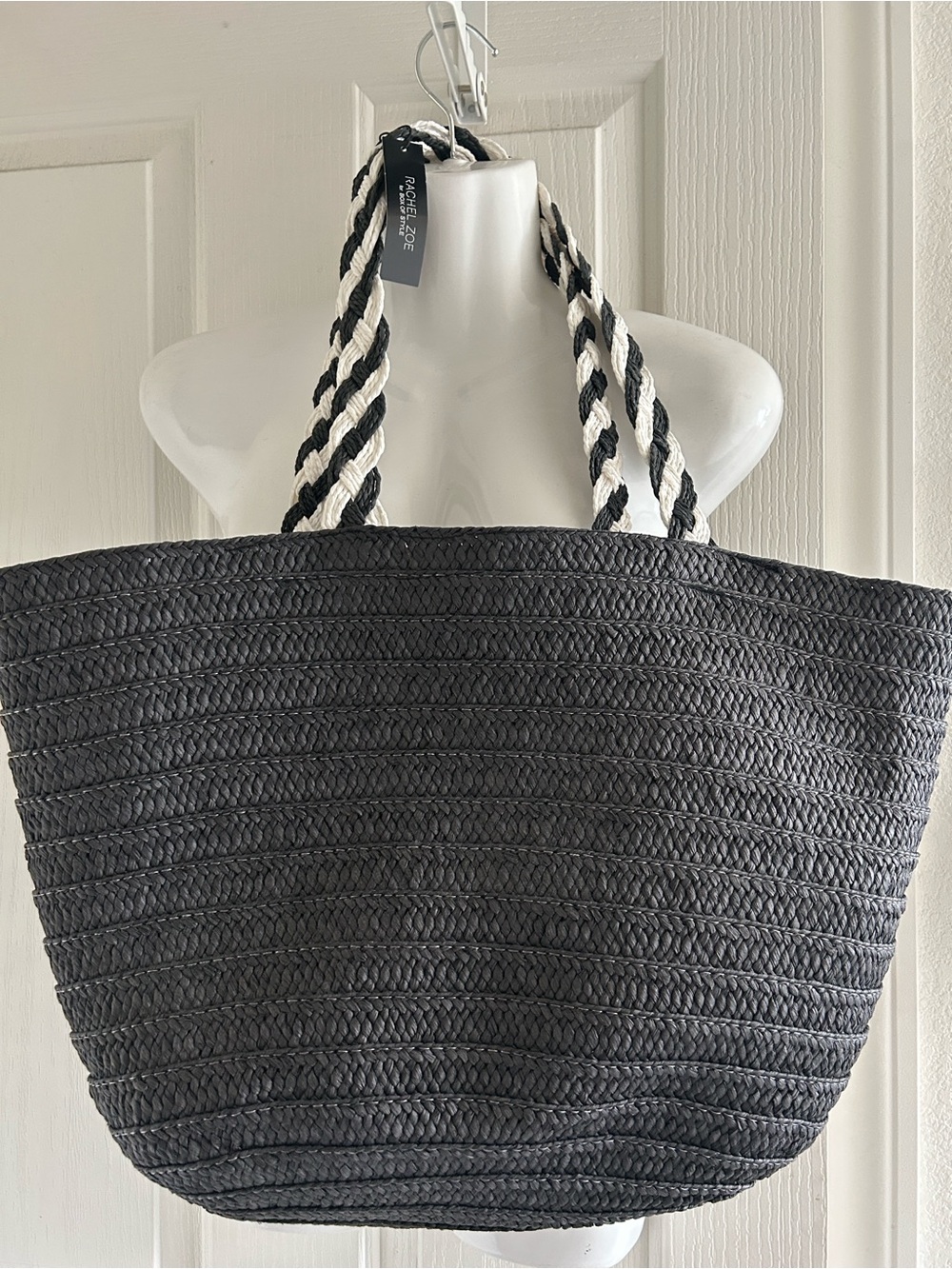 Rachel Zoe Black Woven Tote with Black-and-White Rope Handles